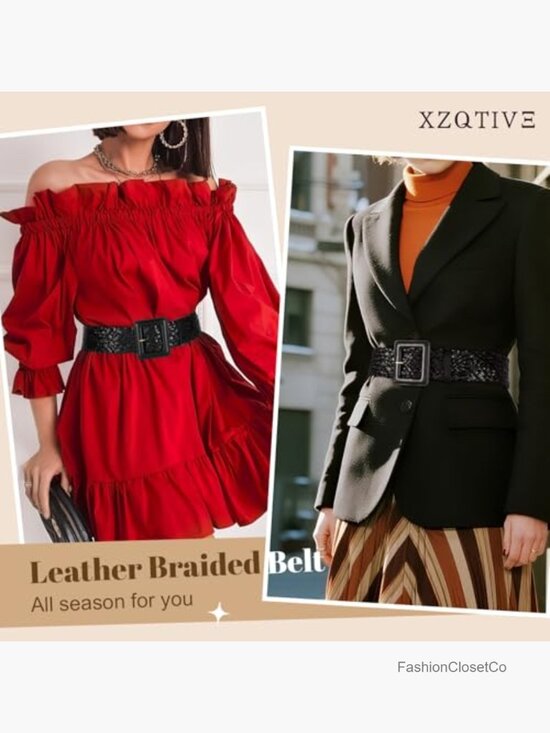 Wide Braided Leather Belt with Square Buckle - Adjustable Woven Waistband